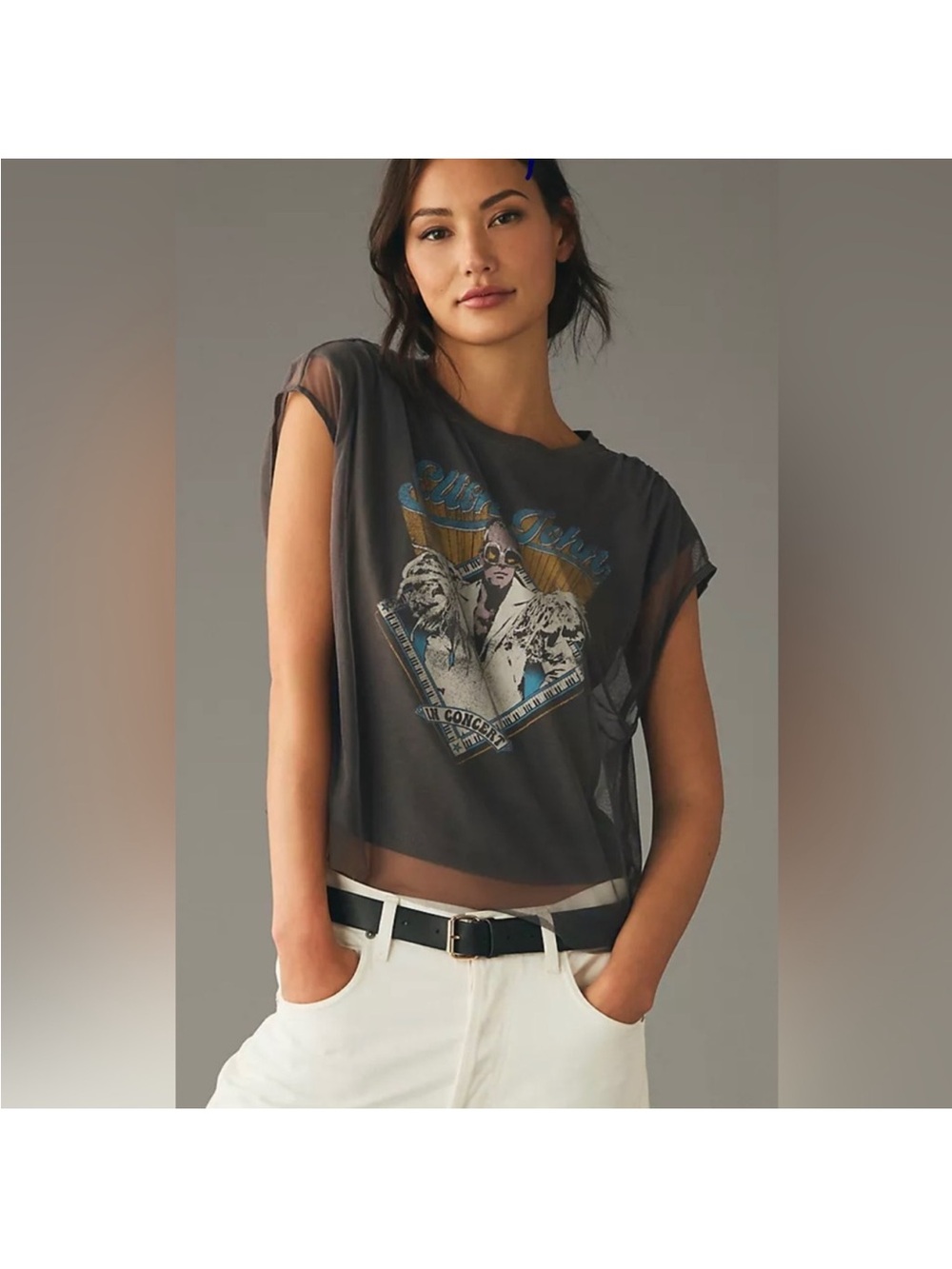 Anthropologie Pilcro Graphic Band Tulle Tee Elton John Graphic sheer top size M